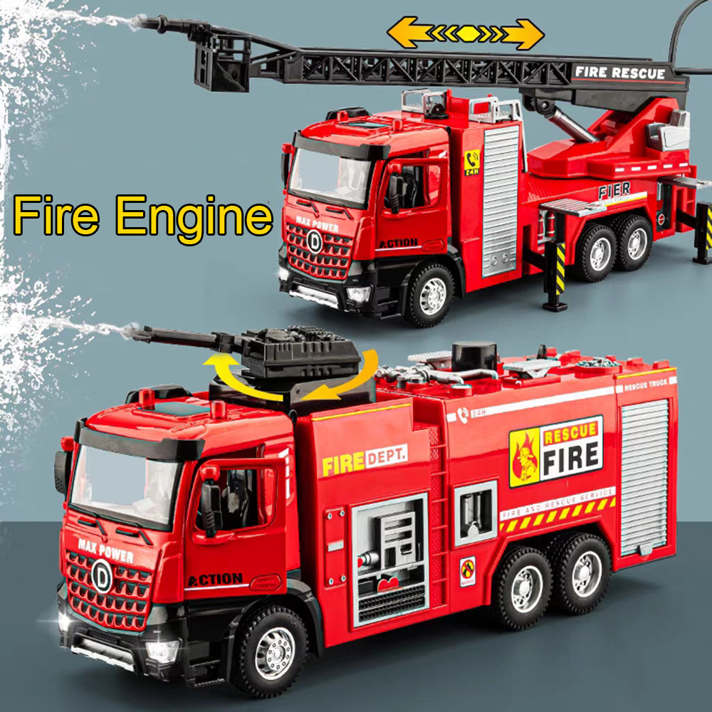 Fire Escape Ladder - รถดับเพลิงจำลองขนาด 1:32 ของเล่นโลหะผสม ยางล้อทำจากยาง สามารถพ่นน้ำได้ รถดับเพลิงพร้อมบันไดยกสูง