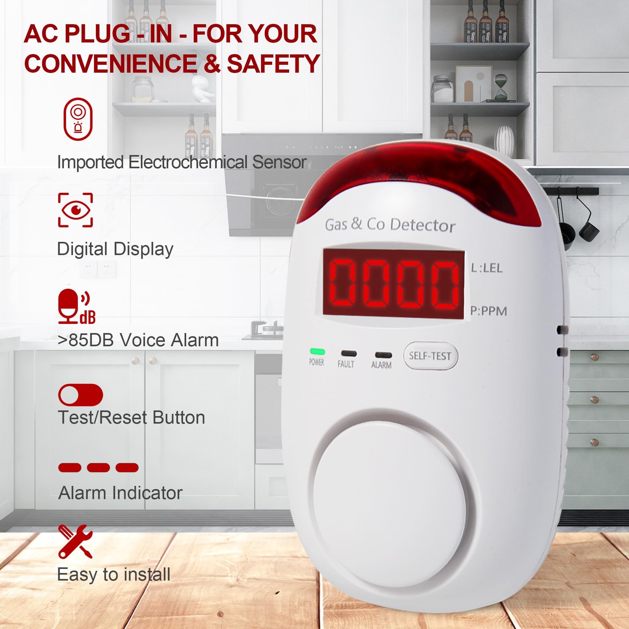 Co Detector Plug - เครื่องตรวจจับก๊าซและคาร์บอนมอนอกไซด์แบบผสมผสาน แบบเสียบปลั๊ก, เครื่องตรวจจับก๊าซธรรมชาติและสัญญาณเตือนคาร์บอนมอนอกไซด์ 2-in-1, เครื่องตรวจจับ CO